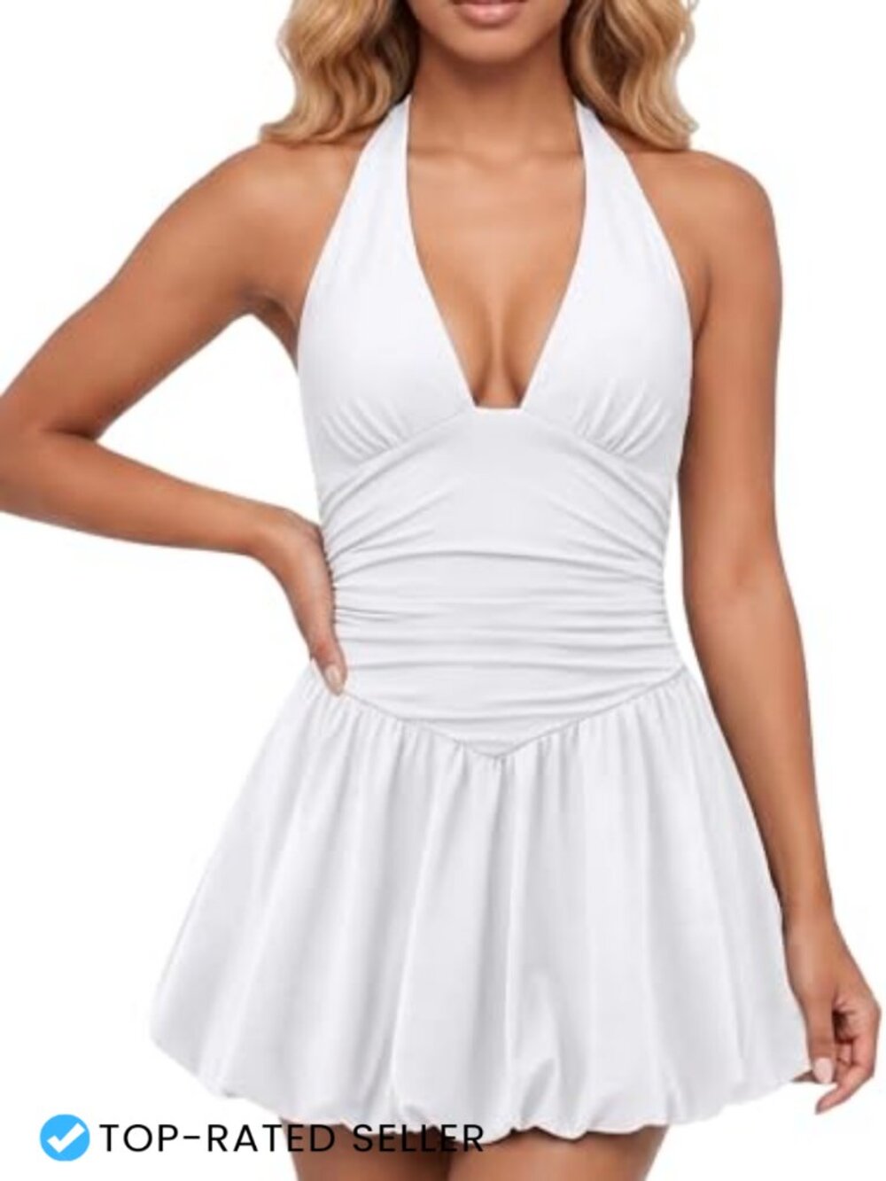 Women's Backless Halter Mini Dress Bubble Skirt Ruched